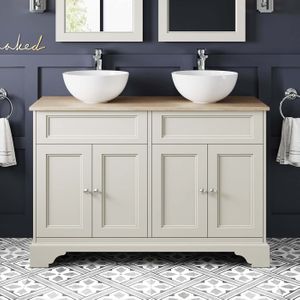 Lucia Chalk White Double Vanity With Oak Effect Top & Round Counter Top Basin 1200mm