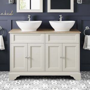 Lucia Chalk White Double Vanity With Oak Effect Top & Oval Counter Top Basin 1200mm