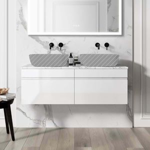 Trent Gloss White Wall Hung Drawer with Marble Top 1200mm - Excludes Counter Top Basins