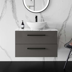 Elba Graphite Grey Wall Hung Drawer Vanity with Marble Top & Oval Counter Top Basin 800mm - Black Accents