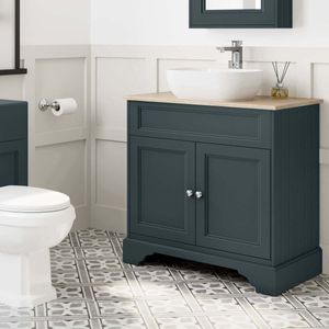 Lucia Inky Blue Vanity with Oak Effect Top & Curved Counter Top Basin 840mm
