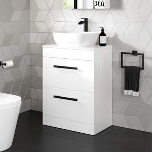 Avon Gloss White Vanity Drawer with Curved Counter Top Basin 600mm - Black Accents