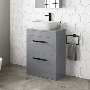 Avon Stone Grey Vanity Drawer with Curved Counter Top Basin 600mm - Black Accents