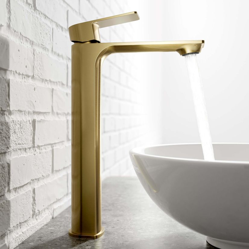 Lune Brushed Brass High Rise Basin Mixer Tap