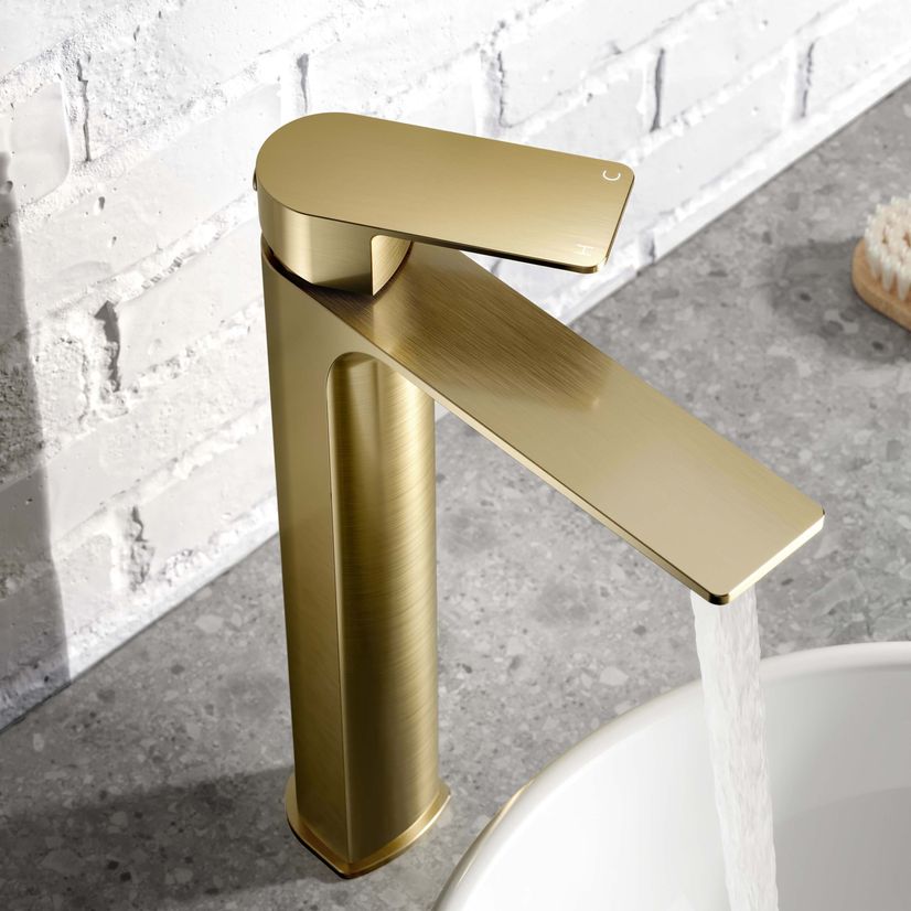 Lune Brushed Brass High Rise Basin Mixer Tap