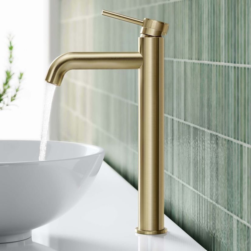 Medway Brushed Brass High Rise Basin Mixer Tap with Knurled Detailing