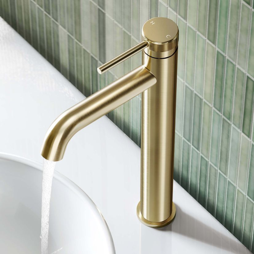 Medway Brushed Brass High Rise Basin Mixer Tap with Knurled Detailing