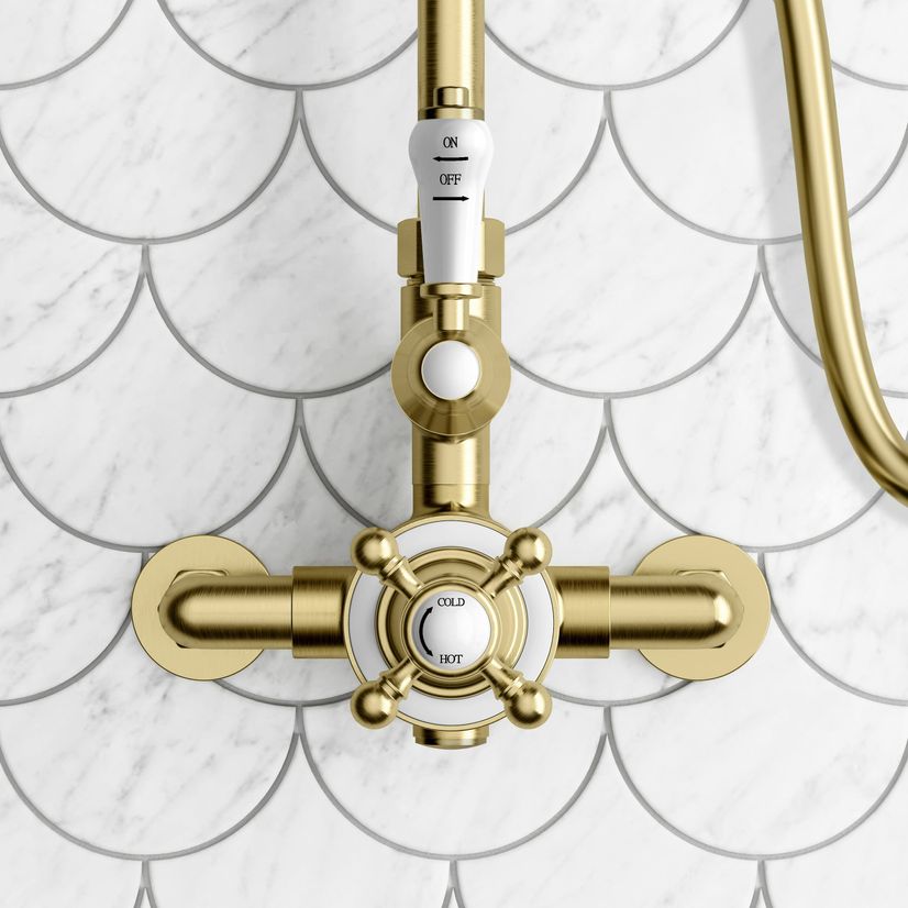 Shannon Brushed Brass Traditional Thermostatic Shower Set with Hand Shower and Soap Dish