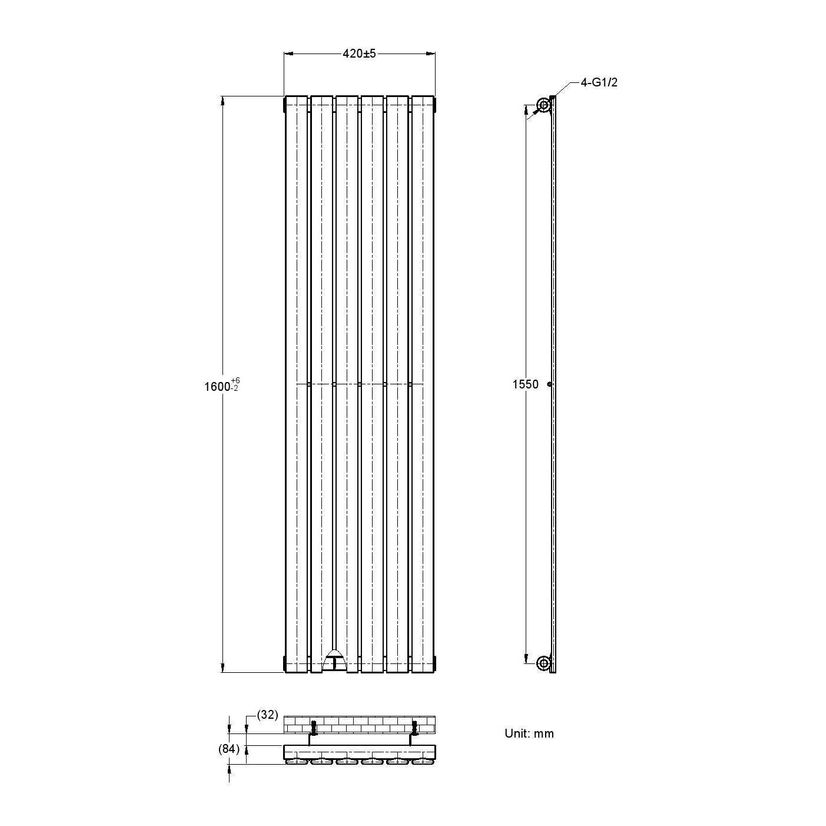 Faro Anthracite Single Flat Panel Vertical Radiator 1600x420mm