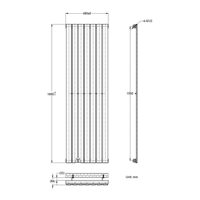 Faro Anthracite Single Flat Panel Vertical Radiator 1600x490mm