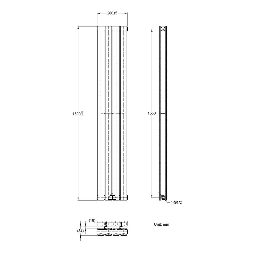 Faro Matt Black Double Flat Panel Vertical Radiator 1600x280mm