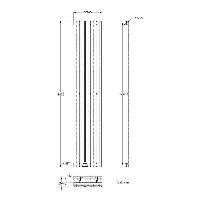 Faro Chrome Single Flat Panel Vertical Radiator 1800x350mm