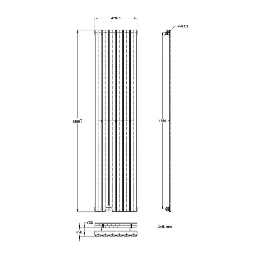 Faro Chrome Single Flat Panel Vertical Radiator 1800x420mm