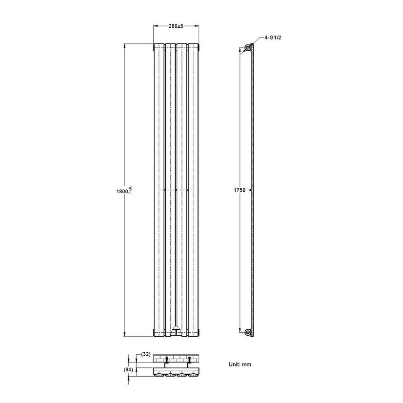 Faro Anthracite Single Flat Panel Vertical Radiator 1800x280mm
