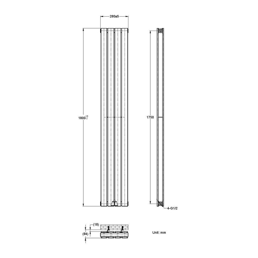 Faro Anthracite Double Flat Panel Vertical Radiator 1800x280mm