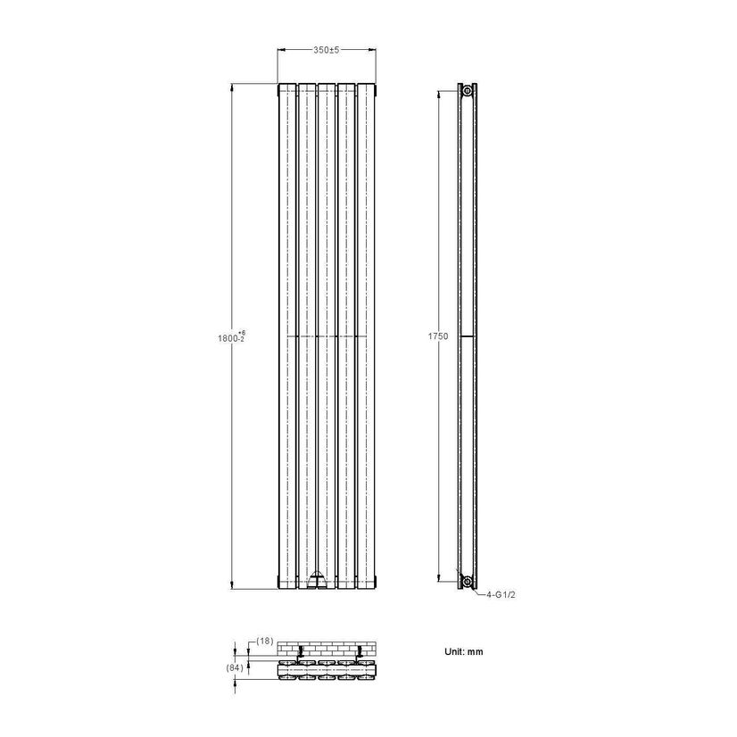 Faro Anthracite Double Flat Panel Vertical Radiator 1800x350mm