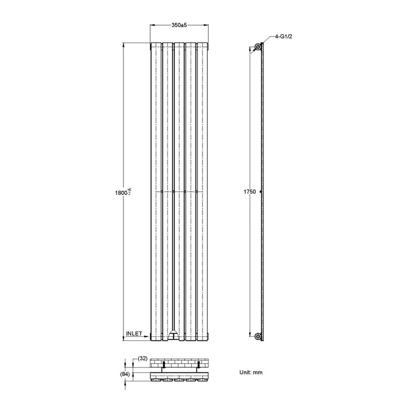 Faro Matt Black Single Flat Panel Vertical Radiator 1800x350mm