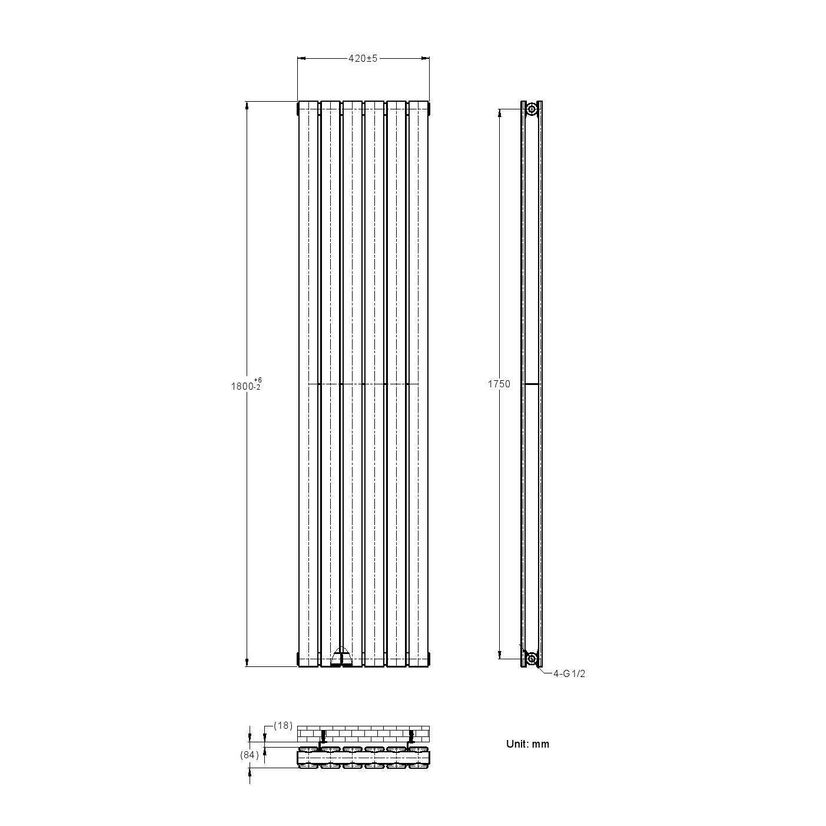 Faro Matt Black Double Flat Panel Vertical Radiator 1800x420mm