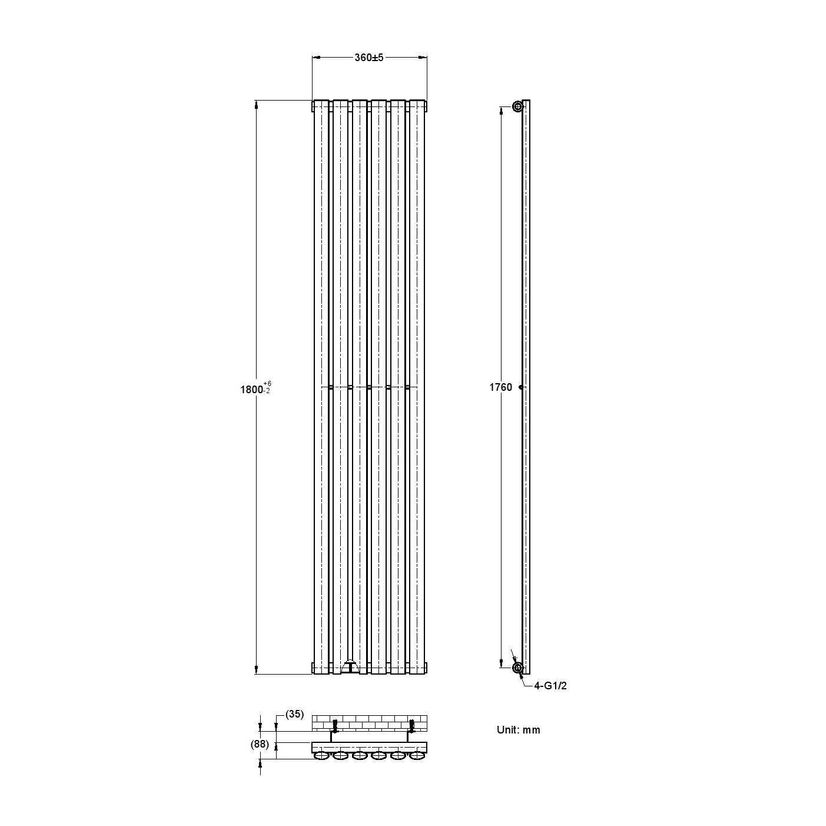 Marbella Anthracite Single Oval Panel Radiator 1800x360mm