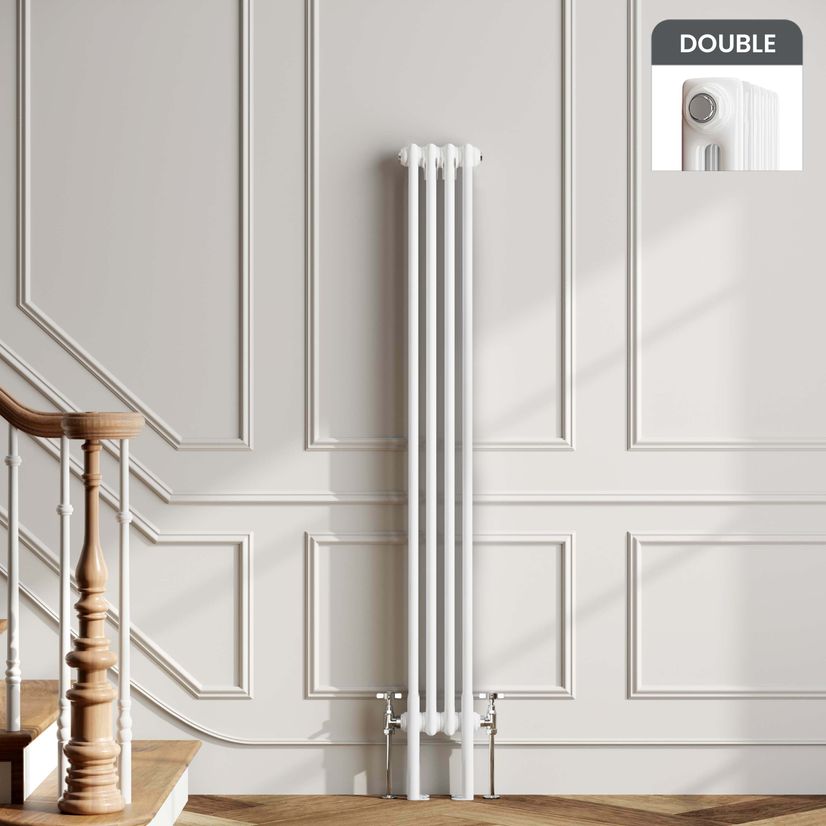 Athens White Double Column Vertical Traditional Radiator 1500x200mm