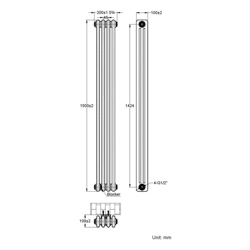 Athens White Triple Column Vertical Traditional Radiator 1500x200mm