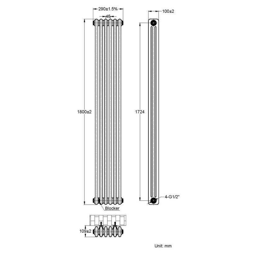 Athens White Triple Column Vertical Traditional Radiator 1800x290mm
