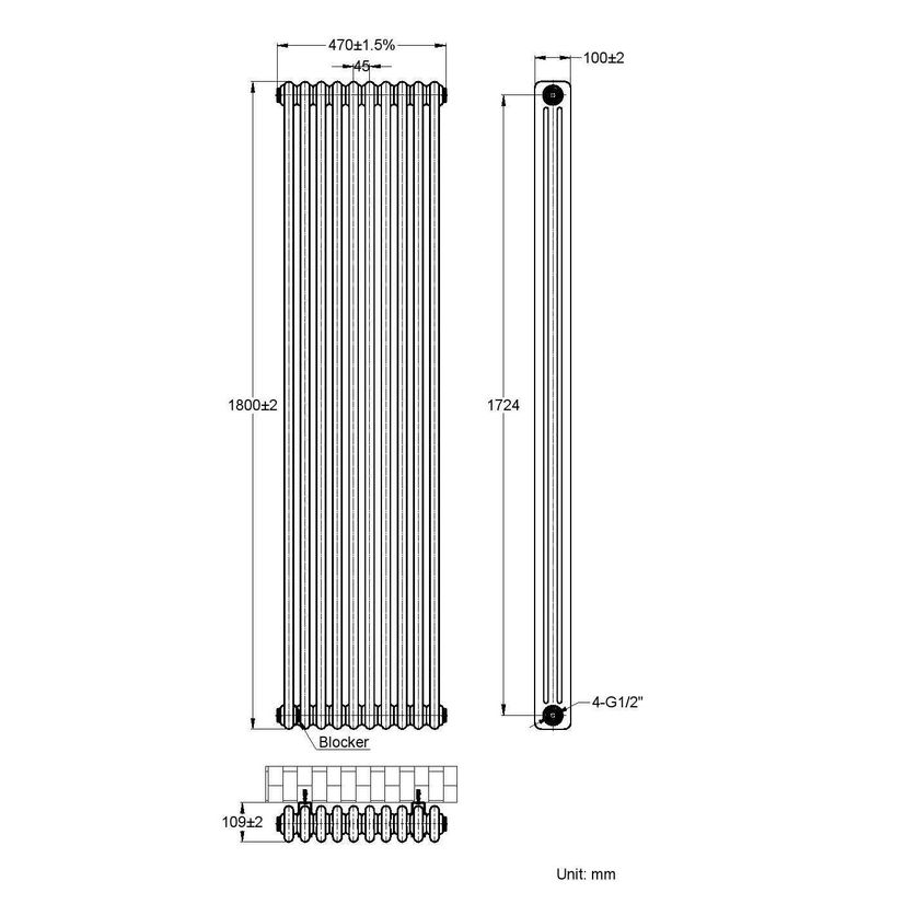 Athens White Triple Column Vertical Traditional Radiator 1800x470mm