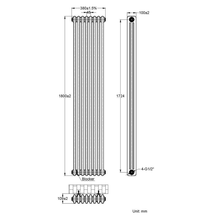 Athens Anthracite Triple Column Vertical Traditional Radiator 1800x380mm