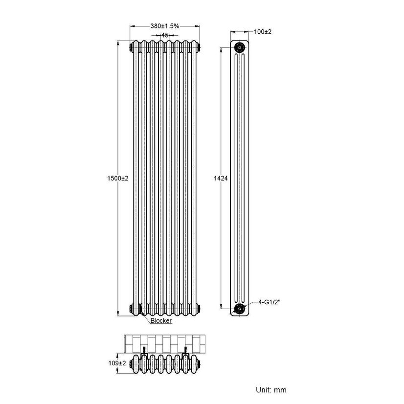 Athens Dove Grey Triple Column Vertical Traditional Radiator 1500x380mm