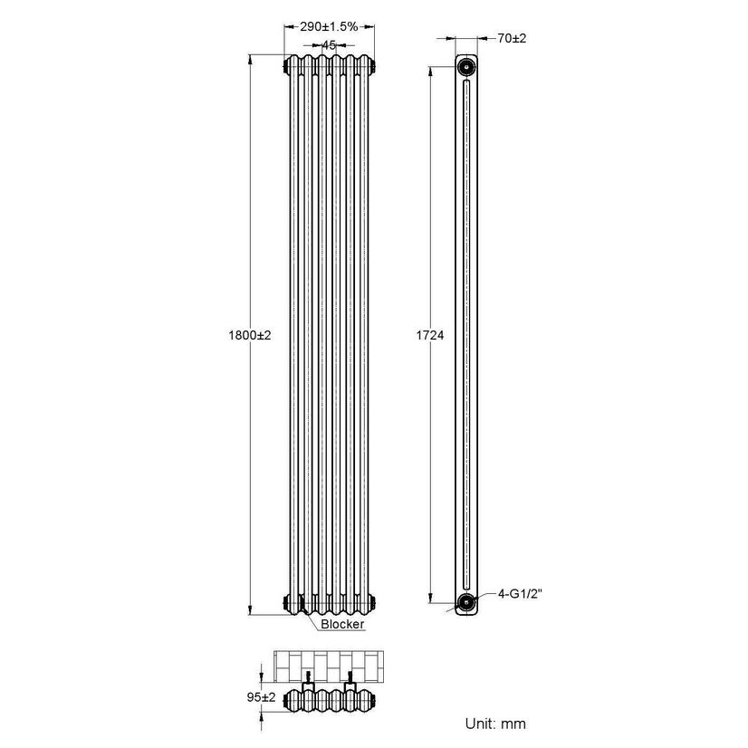 Athens Matt Black Double Column Vertical Traditional Radiator 1800x290mm