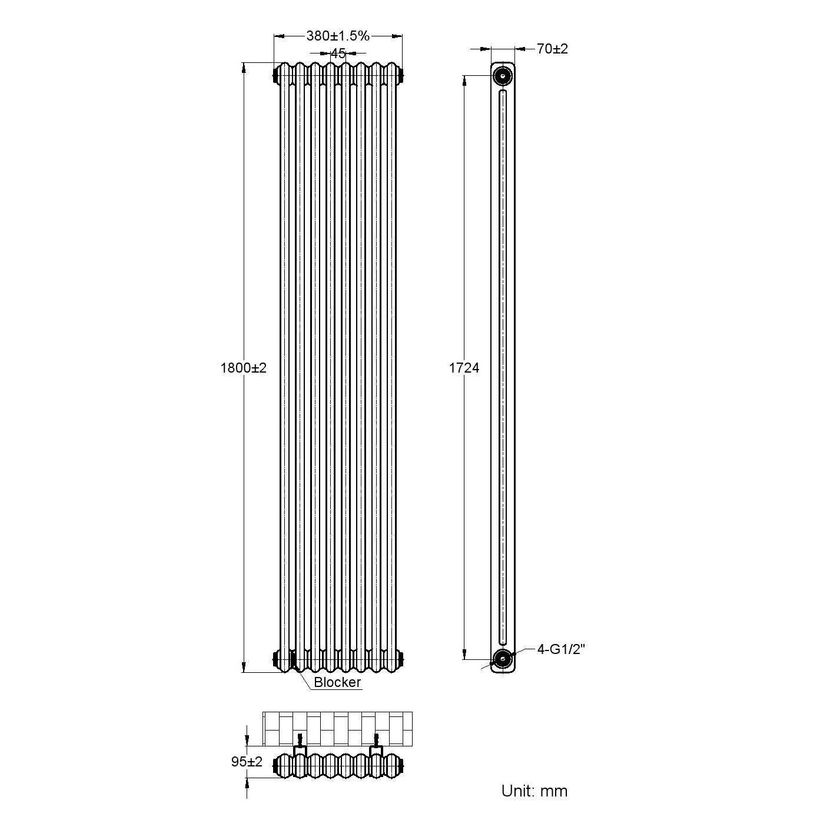 Athens Matt Black Double Column Vertical Traditional Radiator 1800x380mm