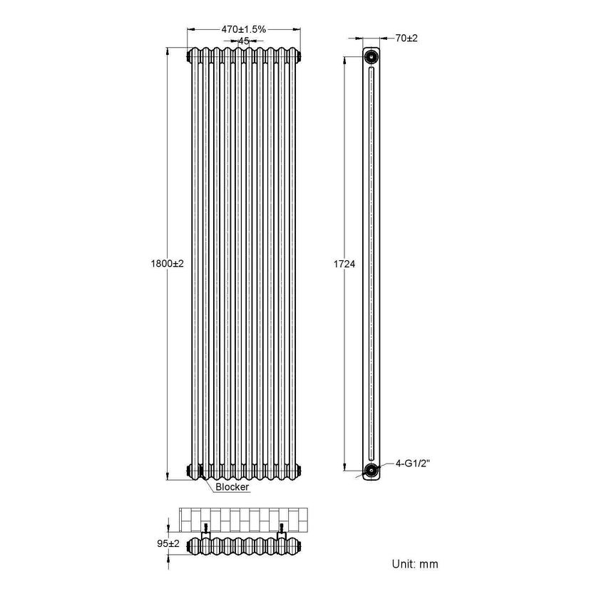 Athens Matt Black Double Column Vertical Traditional Radiator 1800x470mm