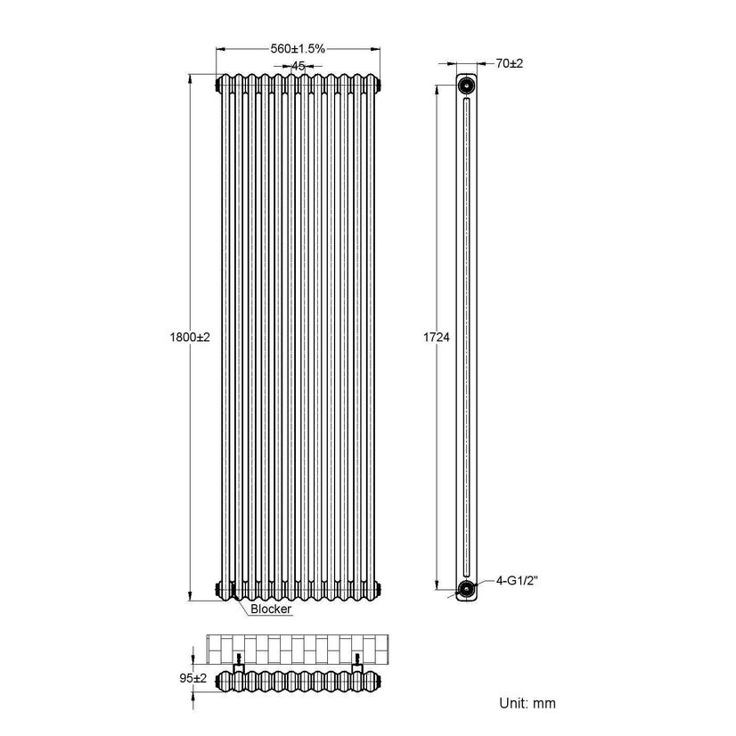Athens Matt Black Double Column Vertical Traditional Radiator 1800x560mm