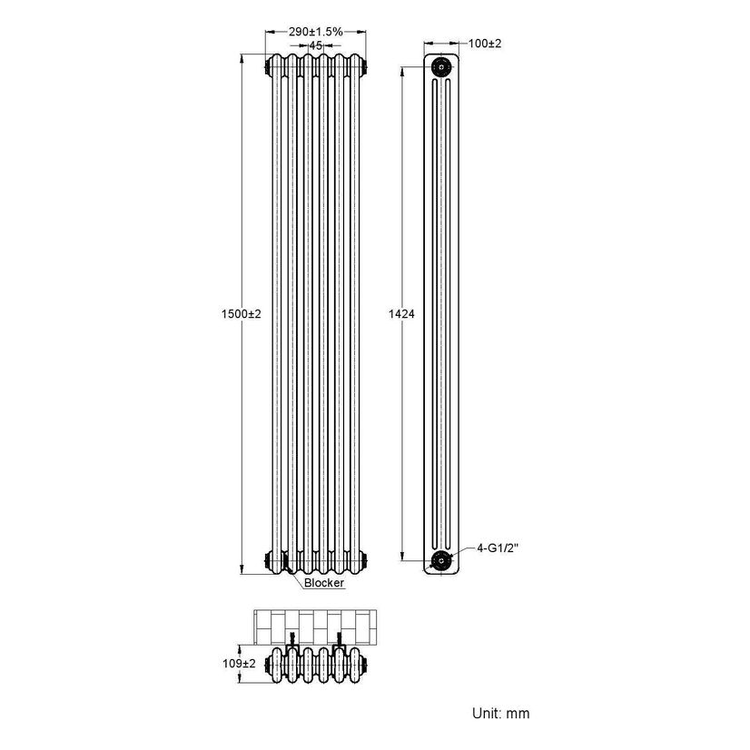 Athens Anthracite Triple Column Vertical Traditional Radiator 1500x290mm