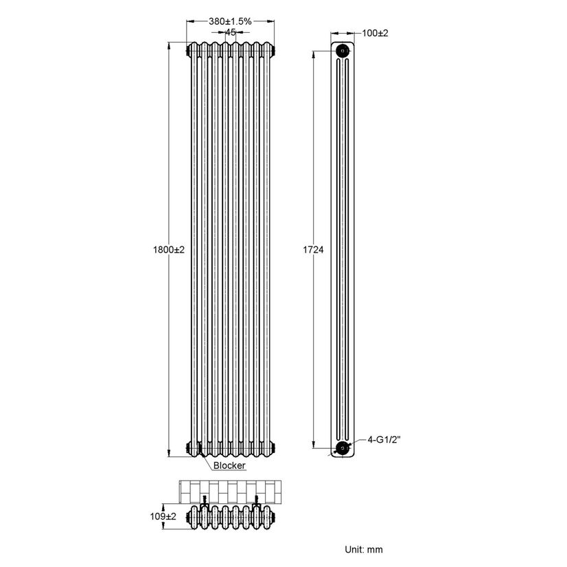 Athens Raw Metal Triple Column Vertical Traditional Radiator 1800x380mm