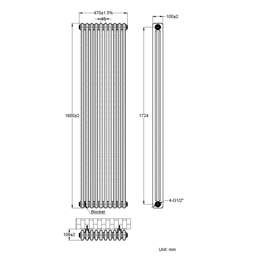 Athens Raw Metal Triple Column Vertical Traditional Radiator 1800x470mm