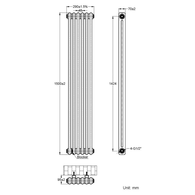 Athens Matt Black Double Column Vertical Traditional Radiator 1500x290mm