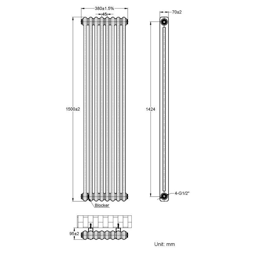 Athens Matt Black Double Column Vertical Traditional Radiator 1500x380mm