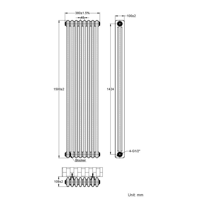 Athens Matt Black Triple Column Vertical Traditional Radiator 1500x380mm