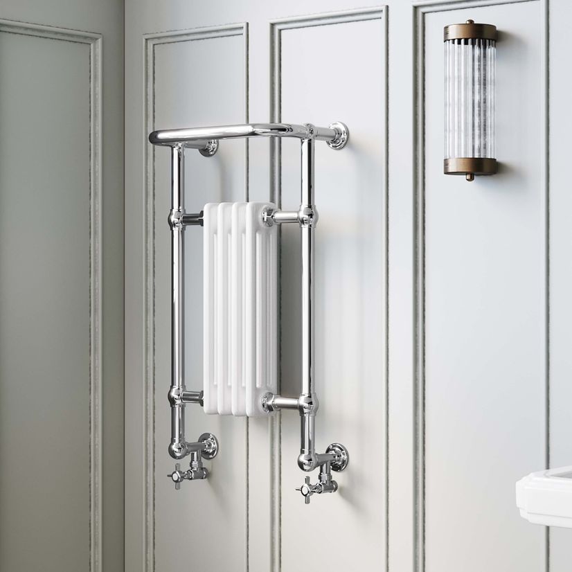 Gibraltar Wall Hung Small White Traditional Heated Towel Radiator (With Overhanging Rail)