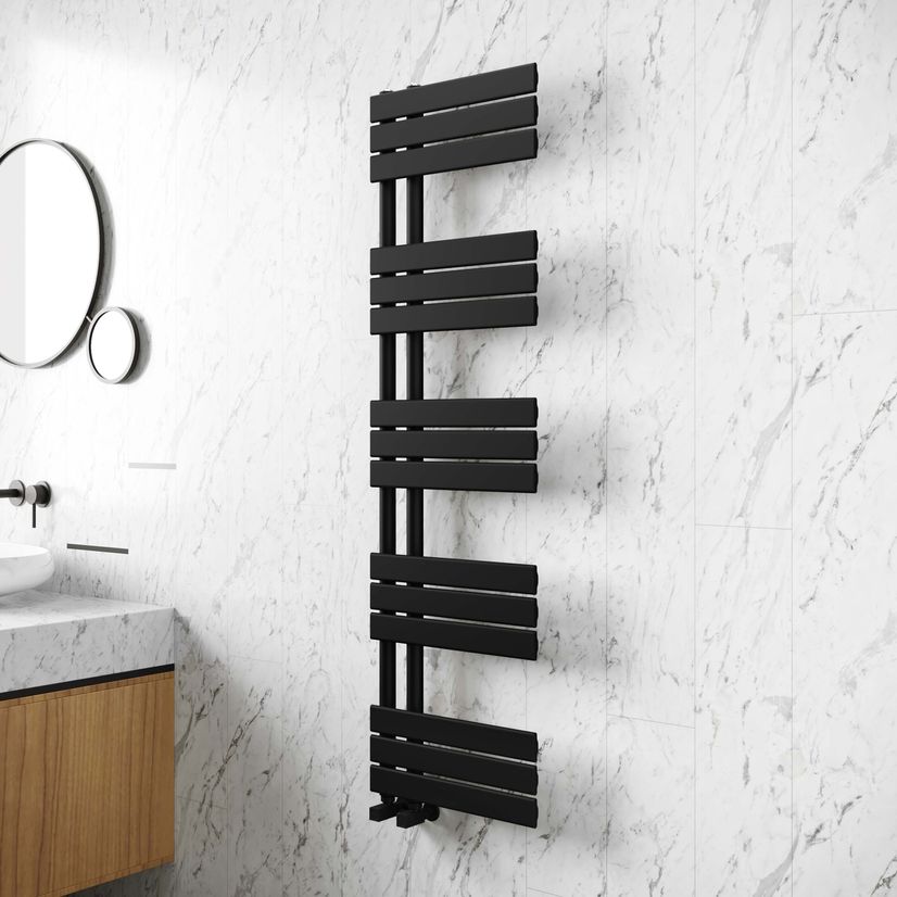 Seville Matt Black Designer Flat Panel Heated Towel Rail 1600x450mm
