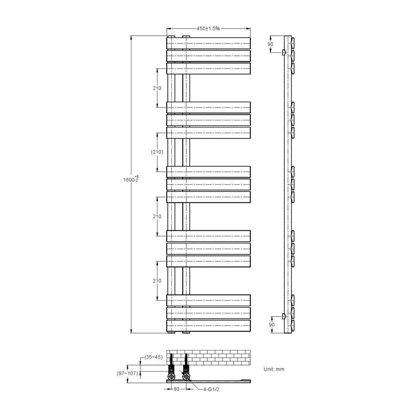 Seville Matt Black Designer Flat Panel Heated Towel Rail 1600x450mm
