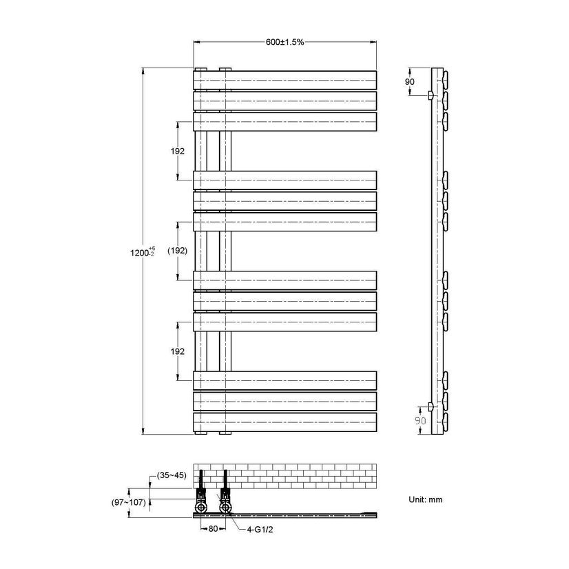 Seville Anthracite Designer Flat Panel Heated Towel Rail 1200x600mm