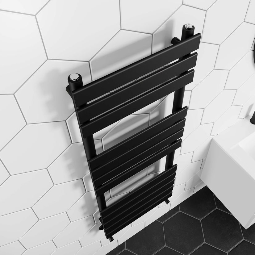 Santorini Matt Black Flat Panel Heated Towel Rail 1200x450mm