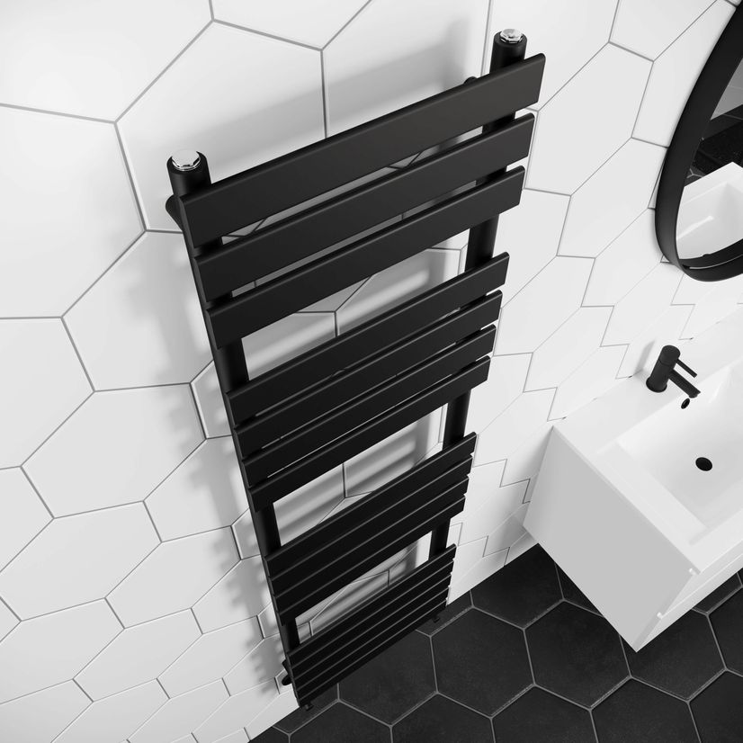 Santorini Matt Black Flat Panel Heated Towel Rail 1600x450mm
