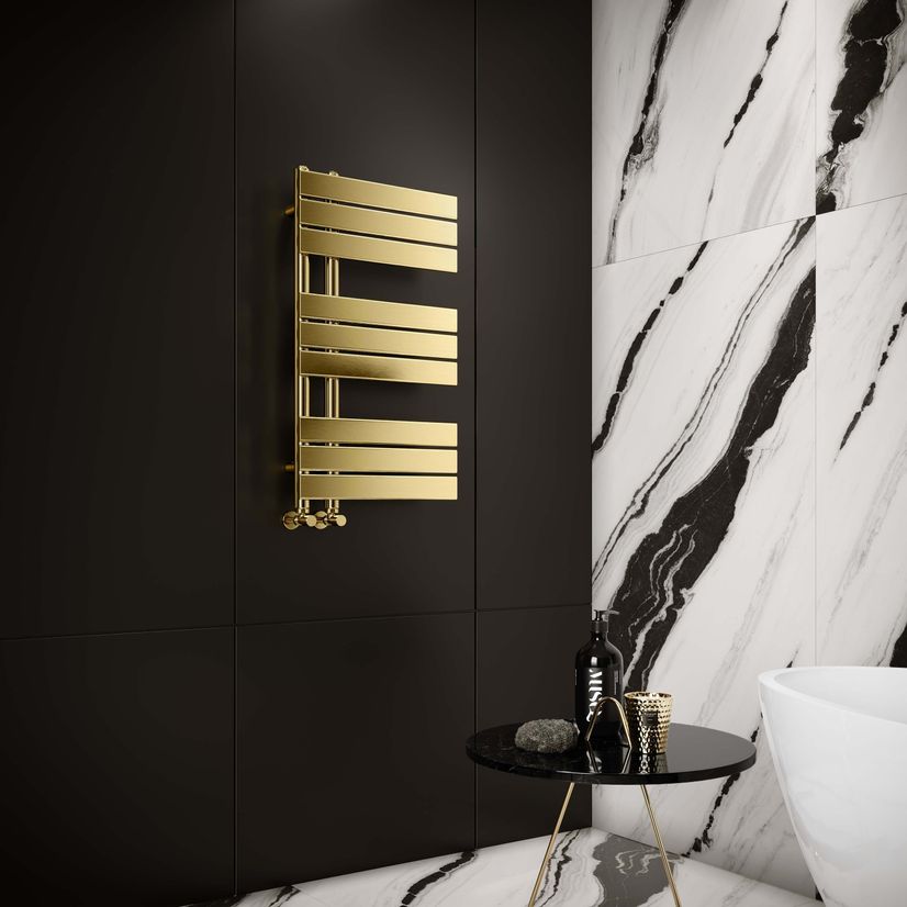 Seville Brushed Brass Designer Flat Panel Heated Towel Rail 800x450mm