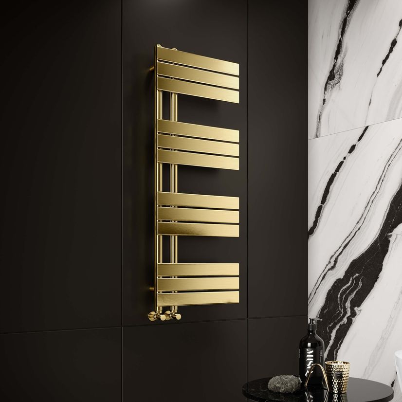 Seville Brushed Brass Designer Flat Panel Heated Towel Rail 1200x450mm