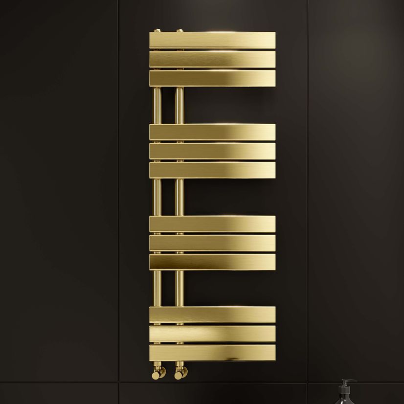 Seville Brushed Brass Designer Flat Panel Heated Towel Rail 1200x450mm