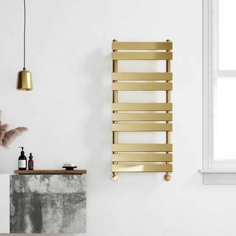 Santorini Brushed Brass Flat Panel Heated Towel Rail 1000x450mm