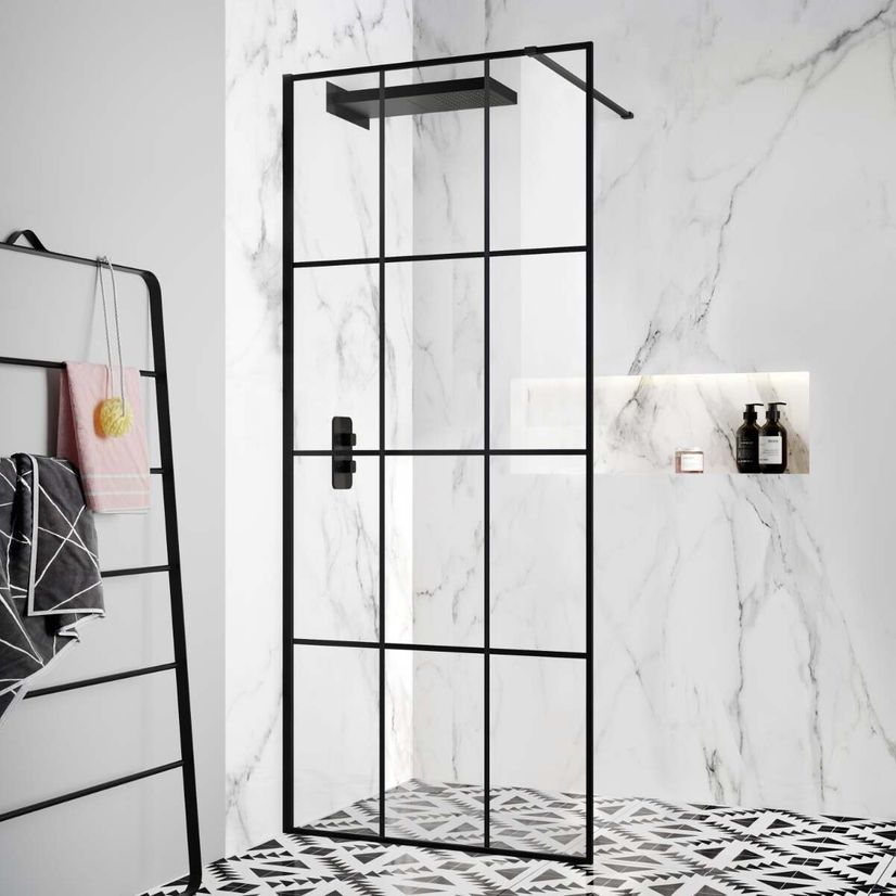 Munich Matt Black Crittall Style Easy Clean 8mm Wet Room Shower Glass Panel 900mm